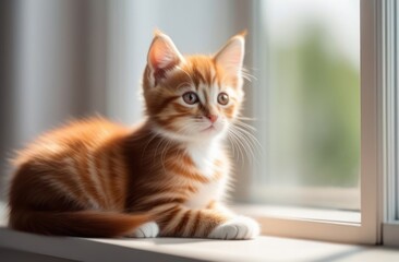 An adorable red kitten with striking blue eyes lounging on a windowsill.