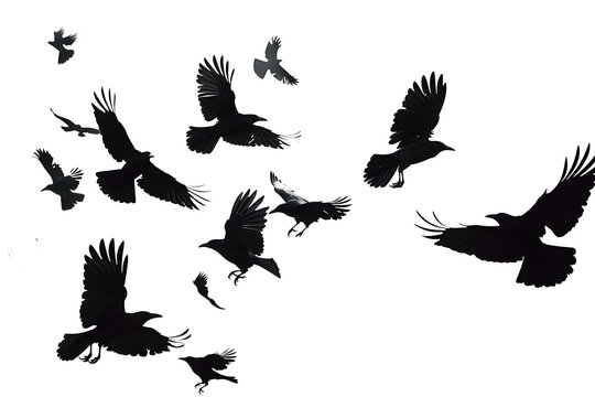 flock of flying crows , png file of isolated cutout object on transparent background.::