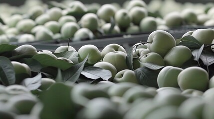 Fototapeta premium Green apples sit on a table, surrounded by other green apples and leaves
