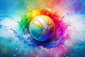 Vibrant watercolor volleyball ball on a soft, blended splash background, surrounded by abstract water droplets and subtle wave patterns, conveying summer fun.