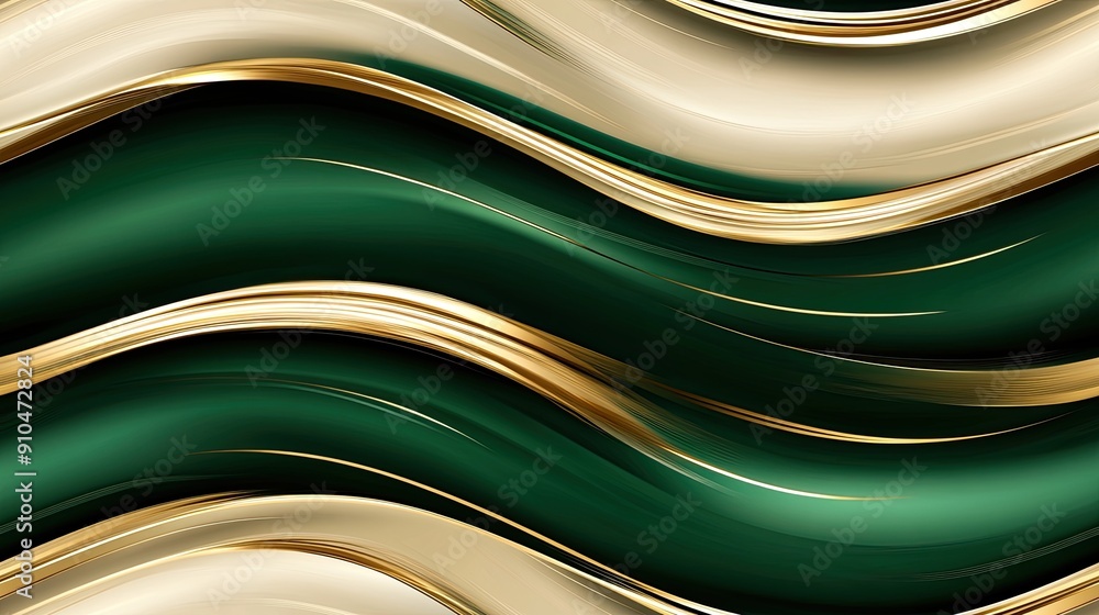 Poster abstract design showcases flowing dark green waves with golden accents, creating a harmonious and lu