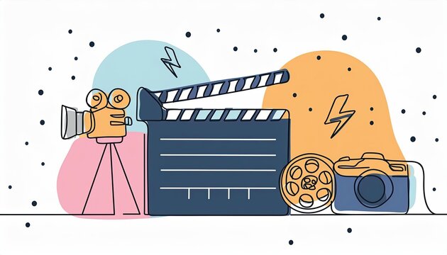 recommend clip art: One continuous line drawing of clapper board and films, cameras. Action movie scene and retro video production concept in simple linear style. Outline editable stroke. Doodle vector illustration