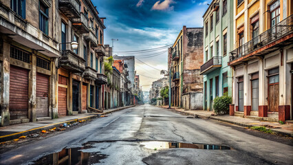 Fototapeta premium Empty urban street with worn-out asphalt and old buildings in the background, no signs or advertisements in sight, conveying a sense of desolation.
