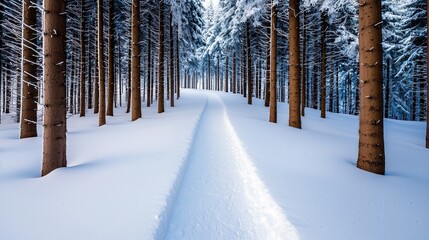 A serene winter trail winding through tall, snow-covered trees, inviting peace and tranquility in a beautiful snowy forest.