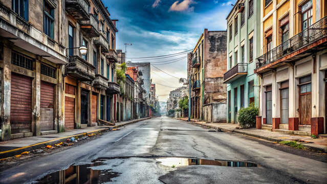 Empty urban street with worn-out asphalt and old buildings in the background, no signs or advertisements in sight, conveying a sense of desolation.