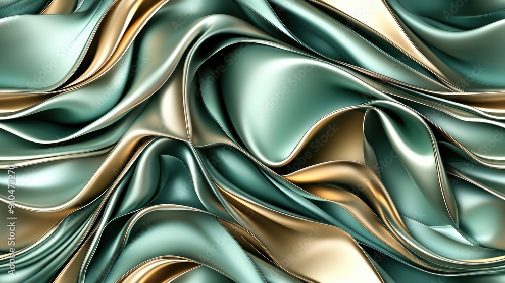 Poster abstract design showcases flowing dark green waves with golden accents, creating a harmonious and lu