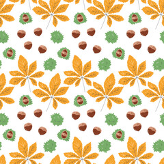 Autumn seamless pattern design. Repetition background with chesnut leaves. willow and linden leaves. Fall ornament isolated on white. Seasonal gift paper backdrop. Hand drawn flat vector illustration
