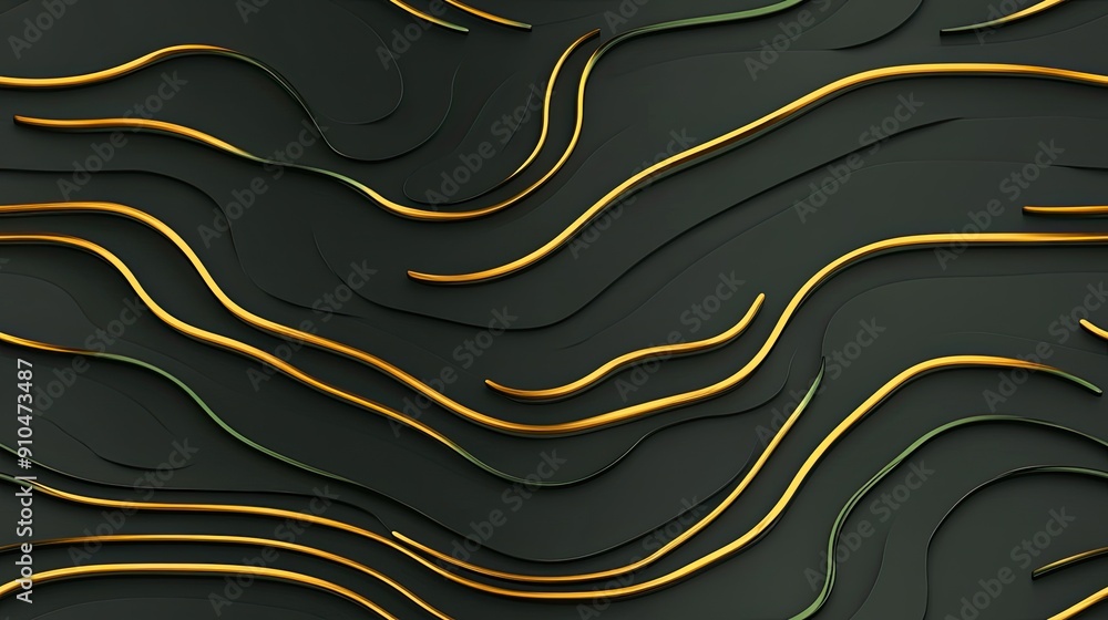 Poster abstract design showcases flowing dark green waves with golden accents, creating a harmonious and lu