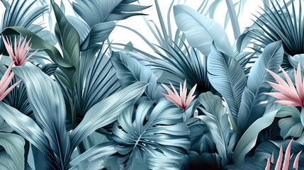   A clear image depicts several vibrant plants featuring blue and pink foliage set against a white backdrop, with a serene blue sky as the backdrop