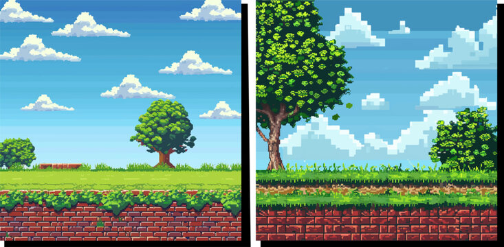 brick and grasses background with game style pixel. Vector.  Generative AI.