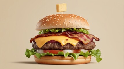 Cheeseburger with bacon, cheese and lettuce on a beige background