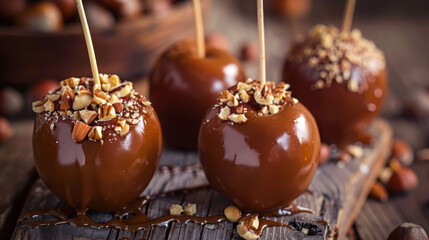 Delicious Caramel Apples with Crushed Nuts. National Caramel Apple Day.