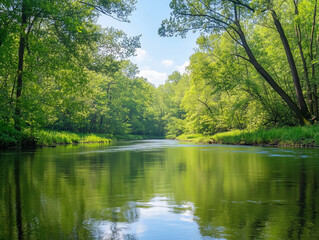 Peaceful river flowing through dense forest with green foliage. Nature landscape photography.