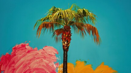 Obraz premium A depiction of a palm tree adjacent to a sunflower, and a palm tree against a blue backdrop