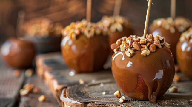 Delicious Caramel Apples with Crushed Nuts. National Caramel Apple Day.