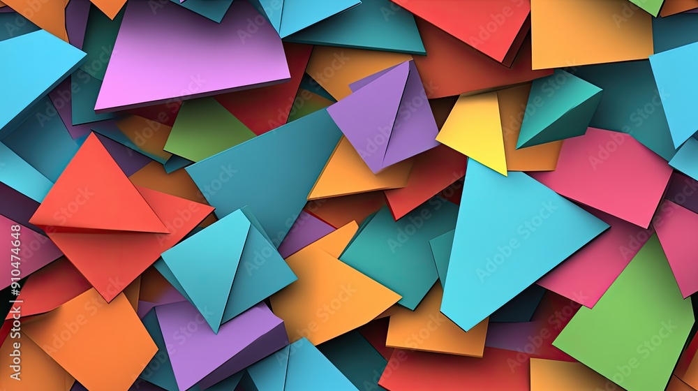 Poster brightly colored geometric shapes overlap, creating an abstract design filled with vibrant hues and 