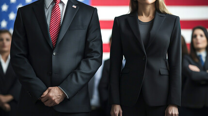 Man and woman in business suit standing next to each other against the backdrop of the American flag, American elections 2024