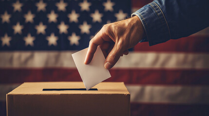 American election concept, a man putting a ballot in the ballot box in front of an American flag, casting his vote for an election