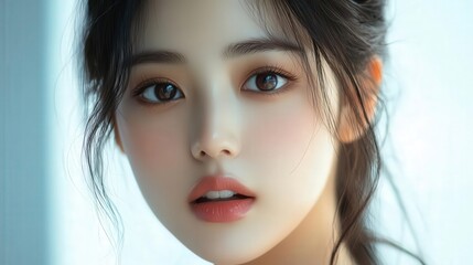 8K Realistic A Korean American social media user showcasing a makeup look with a simple and clean background