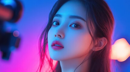 Naklejka premium 8K Realistic An Korean American professional makeup artist creating a how-to video with a sleek digital studio background