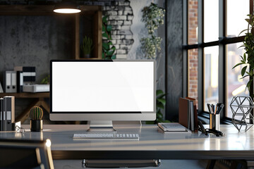 Modern office desk with blank screen computer, perfect for digital workspace or home office concepts with copy space.