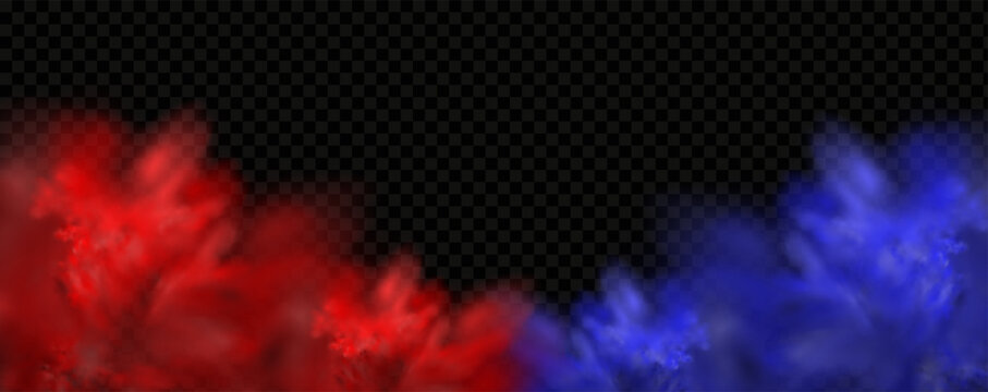 Red blue clouds effect. Cold and hot smoke texture. Abstract neon flame fog. Confrontation concept in sports boxing competition.