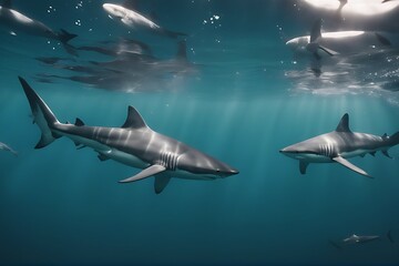 Fototapeta premium ocean swimming underwater many sharks shark white sea water beautiful blue great deep background swim undersea fish big risk danger dangerous light bright animal fauna zoology zoological wildlife