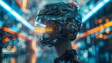 Futuristic VR helmet with advanced interface in a high-tech corridor