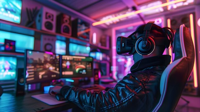 Gamer in VR headset with multiple screens in a neon-lit gaming setup - Powered by Adobe