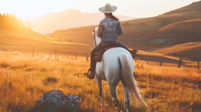 Woman in a cowboy hat riding a white horse at sunset in a scenic countryside. Concept of equestrian, Western lifestyle, outdoor adventure, female rider. Majestic landscape, horseback journey