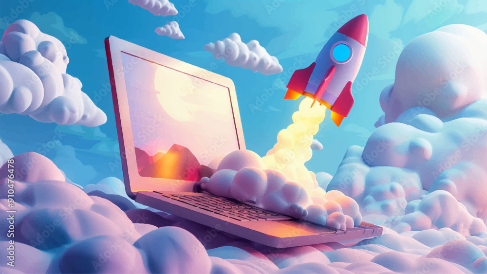 Poster laptop with little toy rocket flying over keyboard cartoon environment illustration computer technol