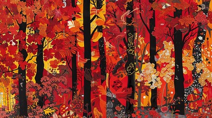   A painting of a forest brimming with red and yellow leaves surrounds a person positioned centrally