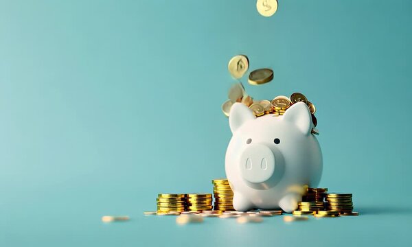 White Piggy Bank with Falling Coins on Blue Background