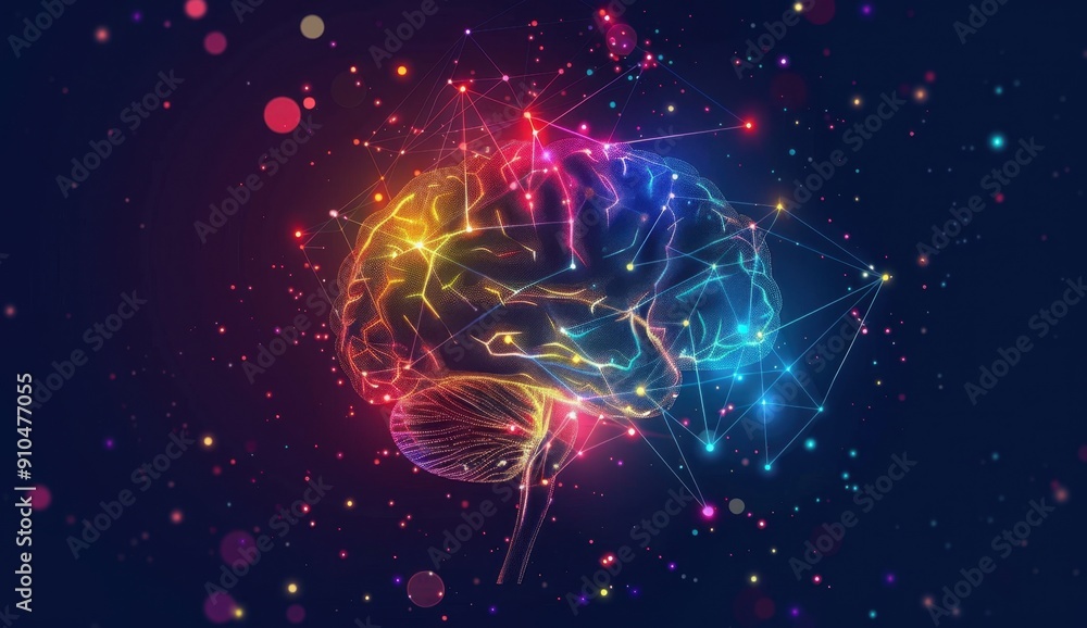 Poster colorful brain with digital connections on a black background, vibrant colors using simple shapes an