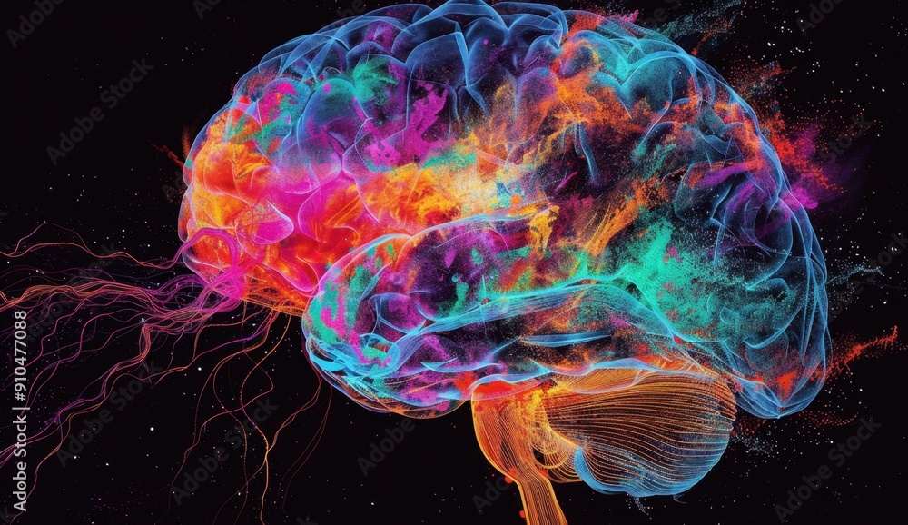 Poster a vibrant digital art of the human brain, with colorful neural connections forming intricate pattern