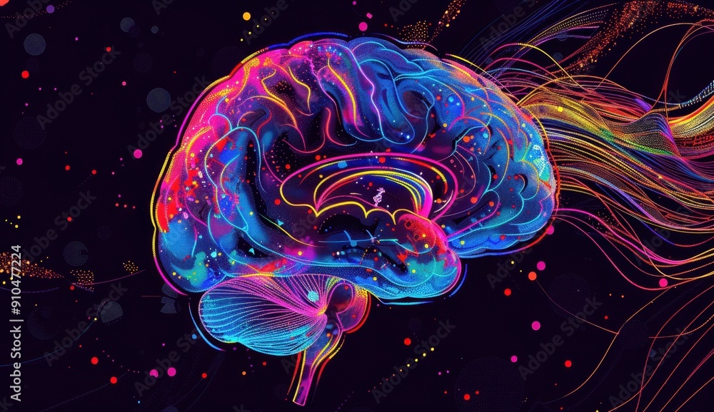 Poster a vibrant digital artwork of the human brain, showcasing its intricate network and colorful neural c