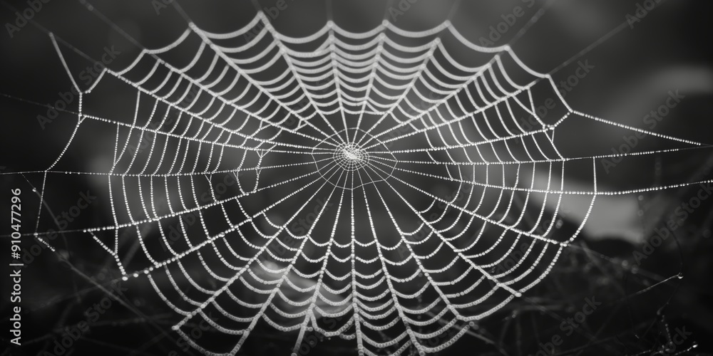 Wall mural a close-up of a spider web in black-and-white, featuring intricate lines and a blurred background fo