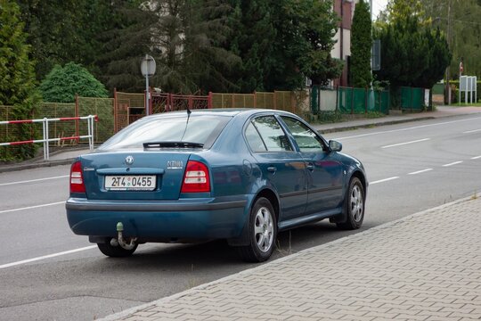Blue Skoda Octavia car, 1st generation in liftback facelifted version, rear view