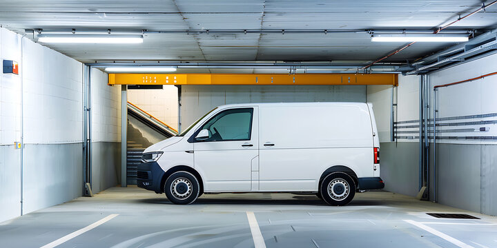 White van parked in a modern garage with yellow accents, conveying a sense of security and reliability for delivery services. 
