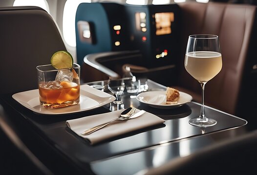 business interior commercial armchair class plane glass passenger table window cocktail drink aeroplane glasses flight travel first aircraft cabin seat luxury transportation