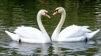 Fototapeta premium Two elegant swans glide through the tranquil waters of a pond, showcasing their beauty in a peaceful natural setting under clear skies