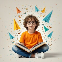 Niño sentado leyendo un libro de frente, con varios aviones de papel volando al fondo
