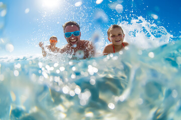 Experience Joyful Family Fun in the Water Kids and Dad Playfully Splashing Together, Creating Unforgettable Memories and Laughter