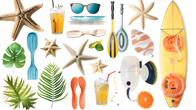 Summertime fun and relaxation with yellow surfboard and blue paddleboard, perfect for beach and water activities. 
