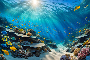 Fototapeta premium Underwater Panorama of Vibrant Fish and Coral Reefs