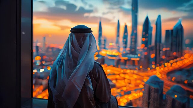 Arab man sheikh businessman looks out the window of a skyscraper at a large modern city with tall buildings skyscrapers