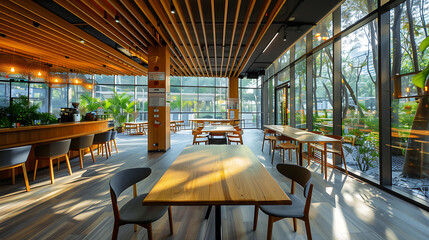 Modern wooden cafe interior design with natural light and green views, perfect for a relaxing coffee break. 
