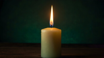 Photograph a single candle burning softly against a dark green background