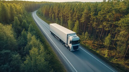 Aerial view of a white semi-truck driving on an asphalt road through a dense forest.