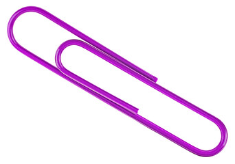 Violet paper clip isolated on a white background, view from above.